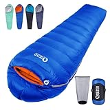 QEZER Sacco a pelo in piuma, sacco a pelo invernale 7â ~ -8 â~-24â ă1.46-2.32 kgăleggero,caldo, piumino di alta qualitĂ 600+ FP, per campeggio,escursionismo, alpinismo e viaggi (Blu reale 7â)