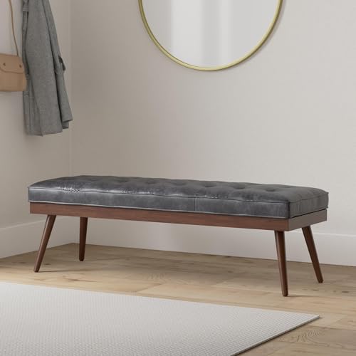 Image of Poly & BARK 55 inch Tufted Leather Bed Bench for Bedroom End of Bed - Living Room Entry Way Bench - Pure Italian Leather Upholstery with a Solid Wood Frame - Ottoman Bench with Wooden Legs - Onyx Black