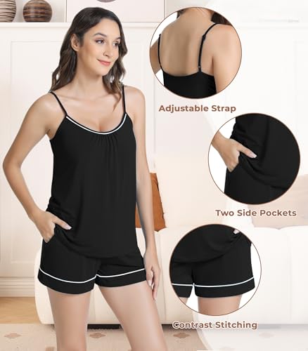 Image of NACHILA Pajamas Set for Women-Viscose Made from Bamboo, Sleeveless Sleepwear Cami Pajamas Shorts Sets Camisole Pjs Nightwear