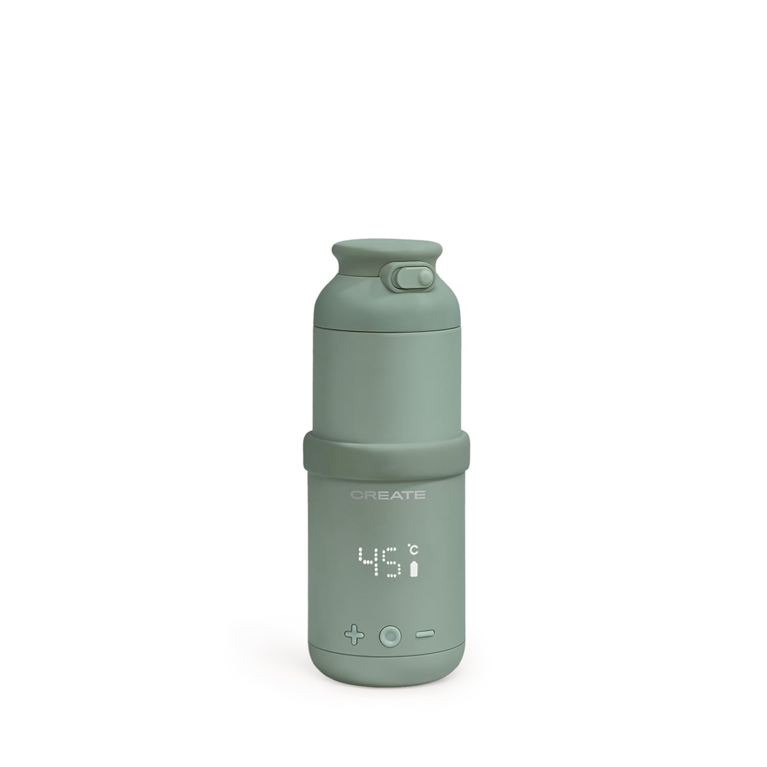 CREATE/BABY PORTABLE MILK WARMER/Termo calentador de leche y agua para biberones verde sage/Selector de temperatura, para leche materna y de fórmula, capacidad de 310 ml, libre BPA/PFOA, 35W