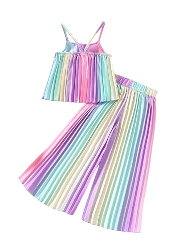 Image of RoseSeek Girl's 2 Piece Boho Cute Outfits Pleated Spaghetti Strap Camisoles Elastic Waist Wide Leg Pants Sets