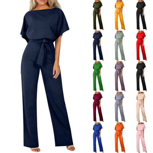 Jumpsuit Damen Lang Elegant Sommer Kurzarm Rundhalsausschnitt Overall Hosenanzug für Hochzeit Festlich Romper Weites Bein Playsuit mit Gürtel Navy M Jumpsuit Damen Lang Elegant Sommer Kurzarm Rundhalsausschnitt Overall Hosenanzug für Hochzeit Festlich Romper Weites Bein Playsuit mit Gürtel Navy M