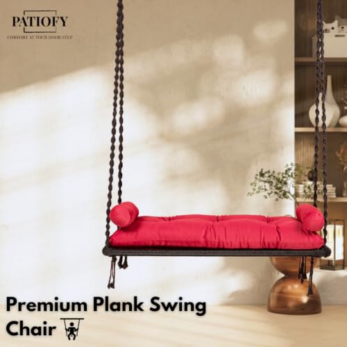 Image of Patiofy Double Seater Plank Swing for Adults | Indoor and Outdoor Use | Jhula for Adults with Red Sitting Cushion & with Round Bolster Pillow | Hanging Kit Included | Weight Capacity - 150 Kg - Black