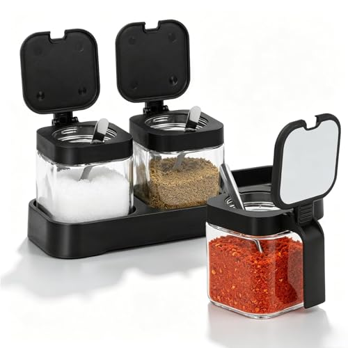 DIYJEP 3 Pcs Glass Seasoning Box with Tray, Clear Condiment Canister