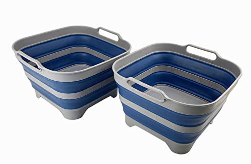 SAMMART 10L (2.6 gallons) Collapsible Plastic Dishpan with Draining Plug - Portable Washing Tub/Basin - Foldable Tub - Space Saving Kitchen Storage (Grey/Mist Blue (Set of 2))