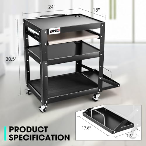 Image of DNA Motoring Steel AV Cart 3-Layer Rolling Projector Utility Cart, 24 inch X 18 inch X 20 inch - 30.5 inch Height Adjustable, with Wheels, Pullout Keyboard Tray, Power Strip, Cord Management, TOOLS-00495
