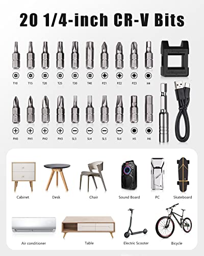 Electric Screwdriver, Cordless Rechargeable Power Screwdriver Set With 2000Mah Battery, 3.7V, 4 Leds, Usb-C Cable, 20Pcs Bits, Automatic & Manual, High Torque 2.5Nm #TOP6