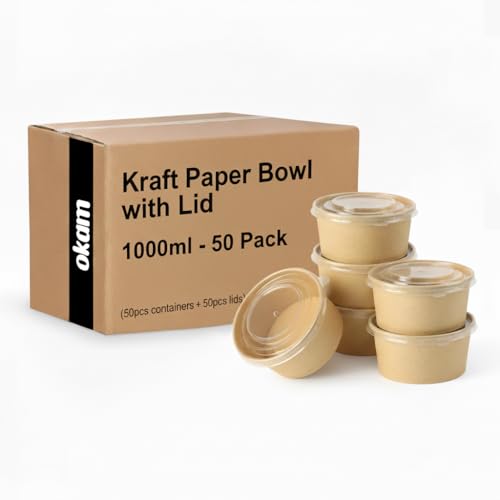 Okam Kraft Paper Salad Bowls with Clear Lids 50 Sets 1000mL - Disposable Paper Bowls Takeaway Containers - Sturdy & Microwave & Fridge Safe - Biodegradable - Ideal for Salad, Soup, Meal-Prep