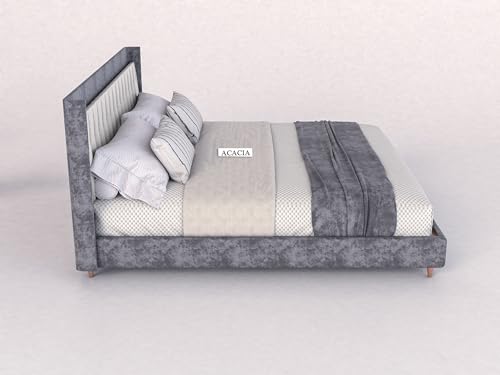 Image of Acacia Modern Upholstered King Size Bed for Bedroom | Wooden Double Bed | Platform Cot Bed with Upholstery Premium Fabric | 6.5 x 6 Ft | Sheesham Solid Wood, Rosewood, Greydust