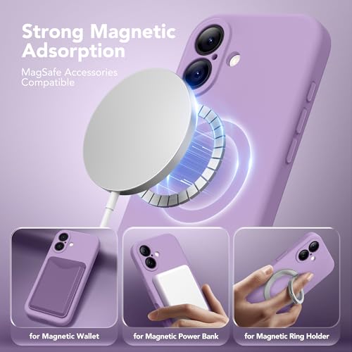 Image of Magnetic for iPhone 16 Case, Compatible with MagSafe, [Screen Protector + Full Camera Protection], Silicone Shockproof Anti-Scratch Protective Phone Case for iPhone 16 6.1 inch, Light Purple