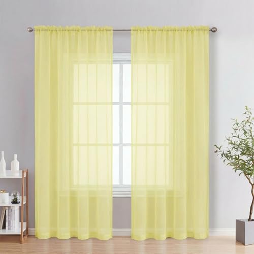 Image of OVZME Sheer Curtains 84 Inches Long 2 Panels Set, Light Filtering Transparent Lightweight Soft Window Treatment Panels for Study Room Living Room Guest Room, Each 42W x 84L Inches, Light Yellow