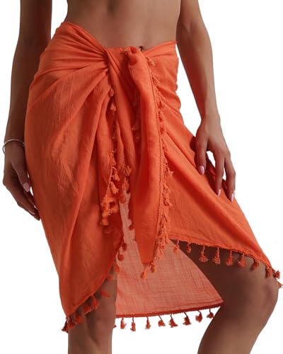 Image of Eicolorte Beach Sarong Pareo Womens Semi-Sheer Swimwear Cover Ups Short Skirt with Tassels