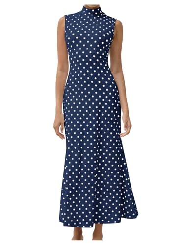 Image of Milumia Women's Polka Dots Maxi Tank Dress Vintage Mock Neck Sleeveless Elegant Long Dresses
