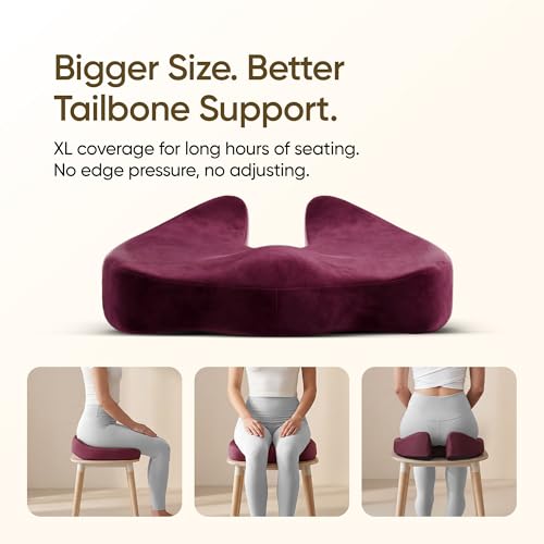 Image of Frido XL Coccyx Seat Cushion for Tailbone Pain Relief | Orthopaedic Memory Foam Chair Cushion for Office Chair, Car Seat & Work from Home | Anti Slip Base | Large Ergonomic Sitting Pillow - Red Wine