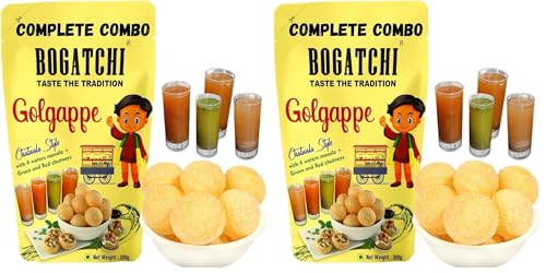 Image of BOGATCHI Pani puri packet ready to eat with 4 Waters Masala and Green & Red Chutneys | Pani Puri Papad | Golgappe Packet Readymade pani poori | Panipuri Fiber Rich Golgappa Complete Combo, 200g