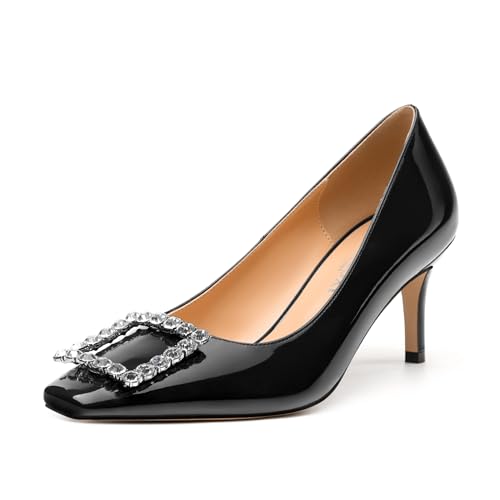 Womens Pumps, Small Square Toe Kitten Heels Pumps for Women, Rhinestone Square Buckle Decoration Daily Dress Pump Shoes 2.5