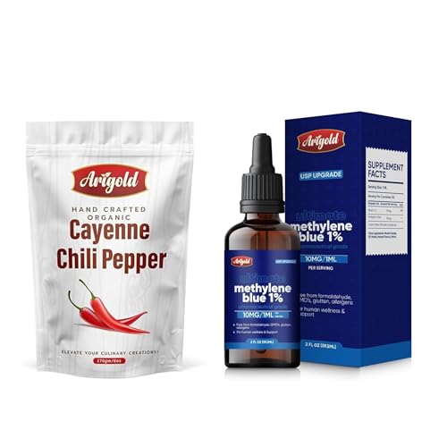 Arigold Organic Cayenne Pepper Powder (6 oz) + Methylene Blue USP 1% Solution (2 fl oz) | Natural Energy, Focus & Clarity Support | Handcrafted Hot Spice + Pharmaceutical Grade Drops