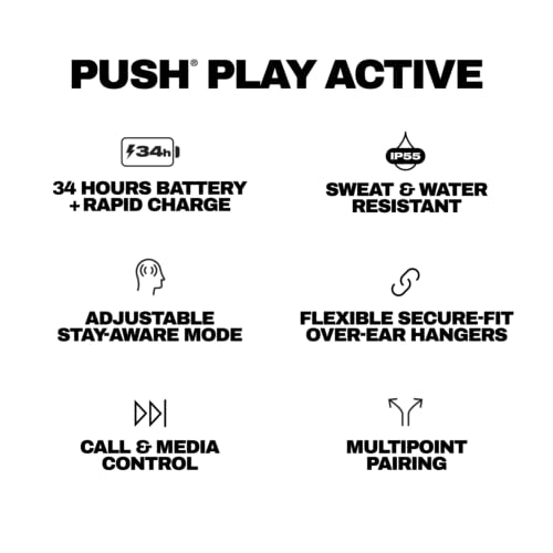 Écouteurs Intra-Auriculaires sans Fil Push Play Active de Skullcandy, Autonomie 34 h, Mode Stay-Aware, Micro, Fonctionnent avec Appareils iPhone, Android et Bluetooth - True Black/Orange