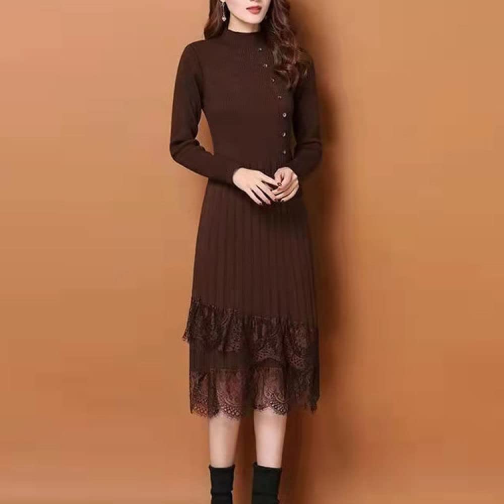 Jerseys Punto Mujer,Suéter De Punto con Cuello Alto Medio para Mujer Suéter con Dobladillo De Encaje Marrón Suéter Elegante con Fondo De Primavera Suéter De Otoño Suéter Regalo De Moda para N
