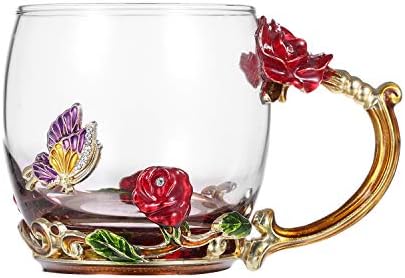Decdeal Enamel Glass Mug, Flower Tea Cup Lead-Free Coffee Mug with Spoon&Cleaning Cloth&Gift Box,Gifts for Mum,Wife,Girl,Teacher on Birthday,Valentine's Day,Mother's Day,Wedding Anniversary,Christmas
