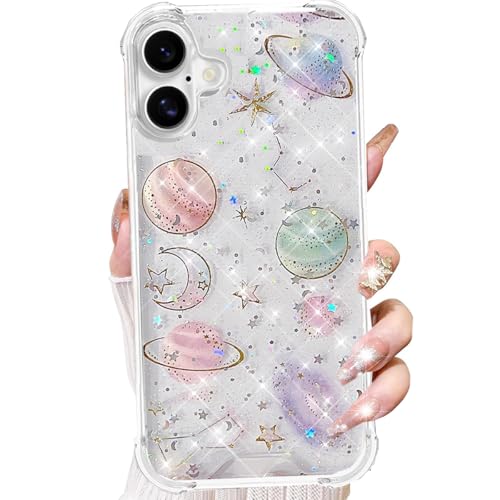 Changjia for iPhone 17 Clear Glitter Case,Cute Girly Bling Sparkle Planet Space Stars Moon Universe Pattern Soft TPU Silicone Shockproof Women Girls Slim Protective Phone Case for iPhone 17 6.3",Clear