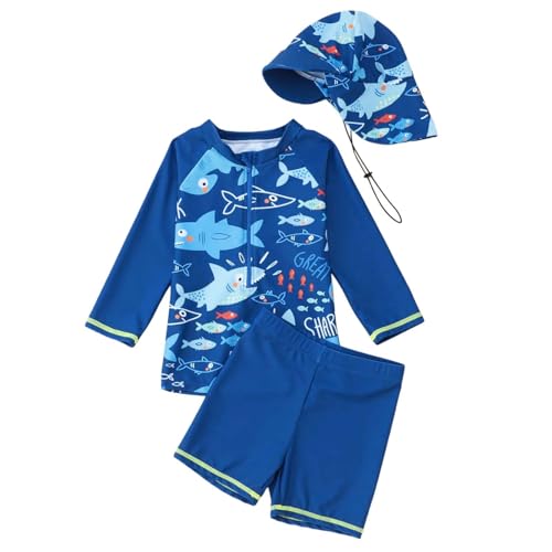 Conjunto de Traje de baño para niños pequeños y niños, Camiseta de Manga Larga con erupciones, Gorro y bañador, UPF 50+, Ideal para Playa, Piscina y Verano.#387