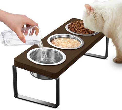 Elevated Cat Bowls with 3 Stainless Steel Bowls | 10° Tilted Anti-Vomiting Raised Cat Food Bowls for Small Cats and Puppies Pet Bowls with Stand（Walnut Color）