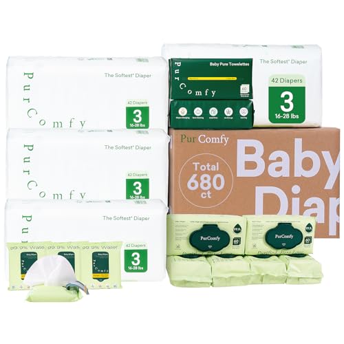 PurComfy Baby Diapers Essential Kit, 4 Pack Size 3 Diapers (168 Ct), 6 Baby Wipes (360Ct), 4 Travel Pack Wipes (32Ct) and 2 Dry Wipes (120Ct), All in