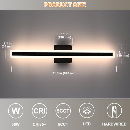 Image of 31.6 Inch LED Vanity Light for Bathroom Lighting Fixture Over Mirror, 36W 5CCT Dimmable Black Vanity Lighting Fixtures Modern LED Wall Sconces for Bathroom Bedroom, TRIAC Compatible