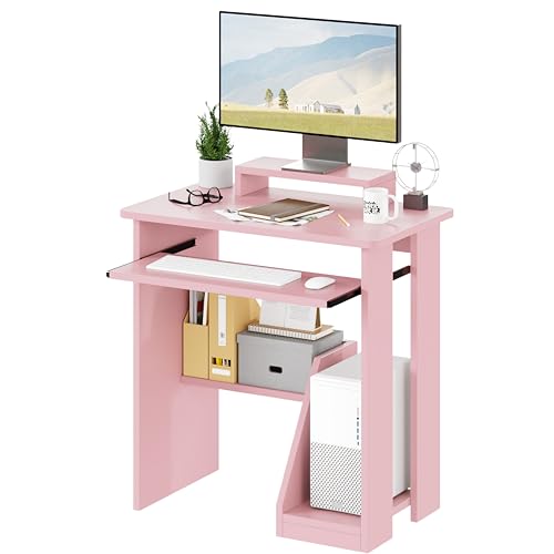 ALISENED 30" Small Computer Desk with Keyboard Tray Monitor Stand, Study Writing Desk with Storage Shelves, Modern Workstation for Small Spaces, Save Space, Pink