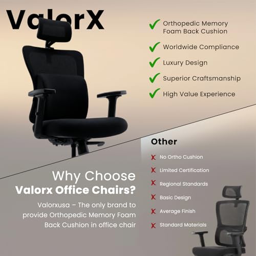 Image of ValorX USA Breathe 2026 Ergonomic High Back Office Chair | Orthopedic Memory Foam Back Cushion | Smart Tilt-Lock Mechanism | Breathable Italian Mesh | 2D Armrest | 3 Year Warranty | Black