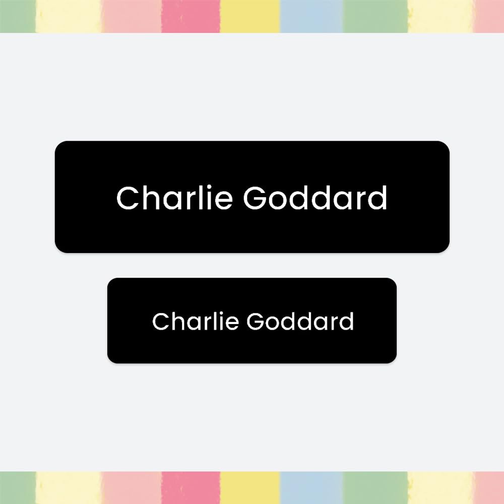 96 x Personalised Stick-On Waterproof Washable Name Labels Pack of 2 Sizes for Clothes, Water Bottles, School Uniform, Equipment, Shoes, School, Nursery, Day Care - Black (SFP)