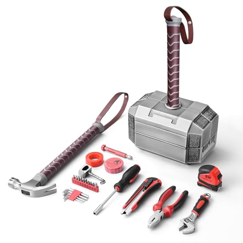 ARTCYL Thor Hammer Tool Box 28pcs Multifunctional Home Repair Tool Kit - Perfect Fathers Day Gift for Dad/Husband Novelty Mjolnir Tool Set for DIY Projects & Daily Maintenance