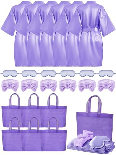 24 Pcs Kids Spa Party Supplies for Girls 6 Spa Party Robes 6 Tote Bags 6 Headbands 6 Spa Masks (Light Purple Style,Size 12)