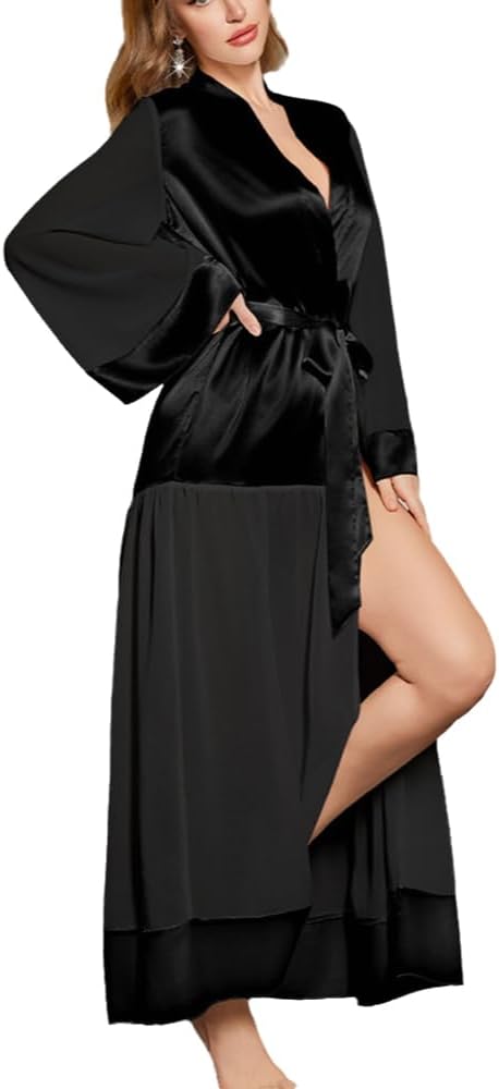 Women's satin long dress silk bathrobe bridesmaid dress for wedding and party long-sleeved pajamas
