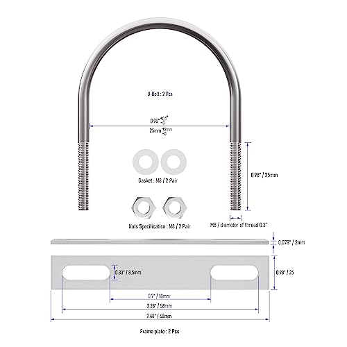 Image of 2 Sets 304 Stainless Steel Round Bend U-Bolts 0.98 inch(25mm) Inner Width 2.05 inch(52mm) Length M8 with Nuts, Frame Plate, Washers, Accessories for Boat Trailer Axle Sailboat Trailer