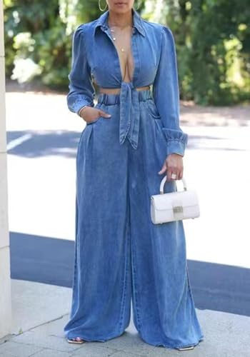 Voghtic Women's Sexy Denim 2 Pieces Outfits Fall Long Sleeve v Neck Crop Lace-Up Shirt Wide Leg Pants Matching Sets4