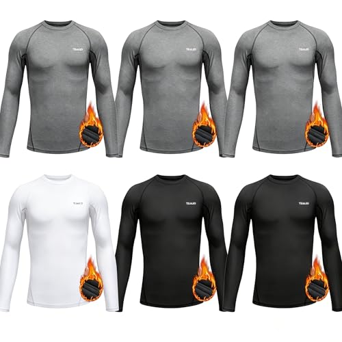 Boys Thermal Fleece Compression Shirts Long Sleeve 6 Pack, Kids Cold Weather Baselayer Tops, Youth Athletic Ski Running Undershirts SETI-XL
