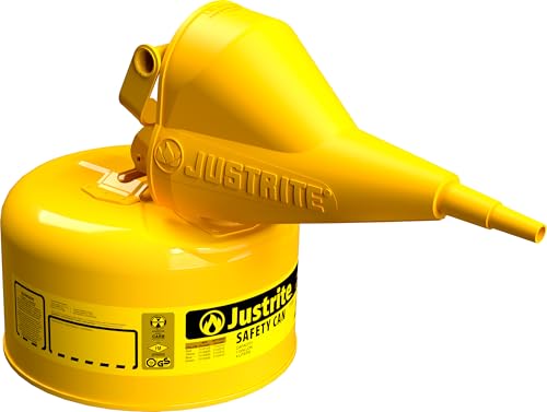 Image of Justrite 1 Gallon Type I Yellow Safety Can for Diesel with Flame Arrester, Self-Closing Lid, and Funnel, Made in the USA, Galvanized Steel Flammable Storage Can, 7110210