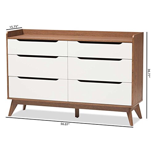 Baxton Studio Brighton 6-Drawer Storage Dresser Mid-Century/White/Walnut Brown/Particle Board/Mdf With Pu Paper/ #TOP7
