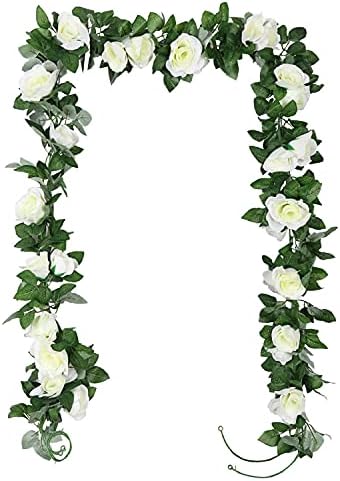 TSHAOUN 2 Pezzi Ghirlanda di Fiori Rosa Artificiali con Foglie Verdi, Seta Fiori Finta Piante Sospese per Arco Matrimoni Feste Hotel Ufficio Giardino Casa Muri Decorazione 2 x 2.3 M (Bianca)