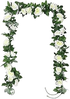 TSHAOUN 2 Pack Artificial Rose Vines Garland Fake Flower Plants Arts Hanging Decoration for Outdoor Indoor Home Kitchen Garden Office Wedding Ceremony Hotel Party 2 x 7.5 FT (White)
