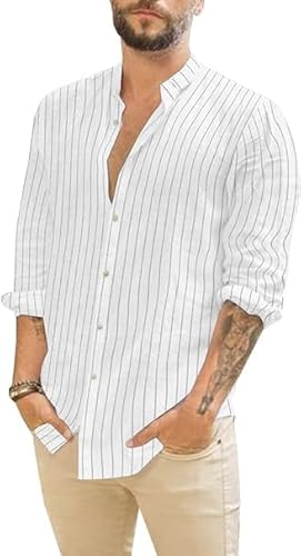 Runcati Linen Shirt Men's Shirt Summer Long Sleeve Shirt Striped Casual Shirts Cotton Shirt Regular Fit Beach Shirt, White, XL