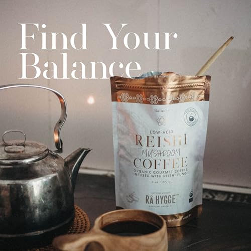 Ra Hygge Organic Reishi Mushroom Coffee - Gourmet Medium Roast Ground Coffee 227g (18 cups) - Mushroom Coffee Blend for Balance, Calm & Energy - Low-Acid Kind to Stomach Roasted in Sweden