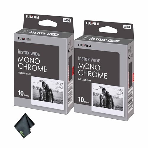 Película Fujifilm Instax Wide Monocromática, 20 exposiciones (2 paquetes de 10), para cámaras instantáneas Instax Wide, incluye paño de limpieza miniatura 1