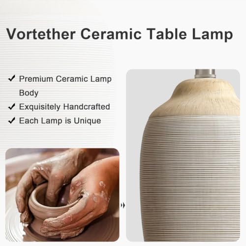 Image of 24.5 inch Ceramic Table Lamp for Living Room with Pre-Attached Shade | Single Beige Bedside Lamps, Hand-Textured Farmhouse Vintage Table Lamps for Bedroom Nightstands, Rustic Home Decor, 5FT Cord