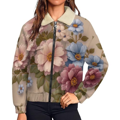 Veste polaire femme fleurs vintage zippée en sherpa marron avec poches latérales