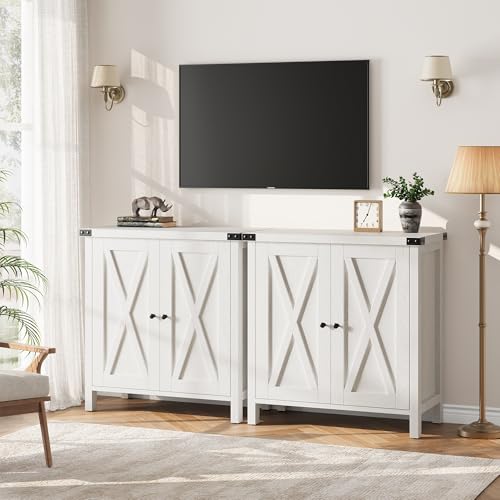 GarveeHome Small Storage Cabinet, Farmhouse Sideboard Buffet Cabinet with 2 Doors and Adjustable Shelves, Accent Entryway Console Cabinets for Living Room, Dining Room (White, 2 Pieces)