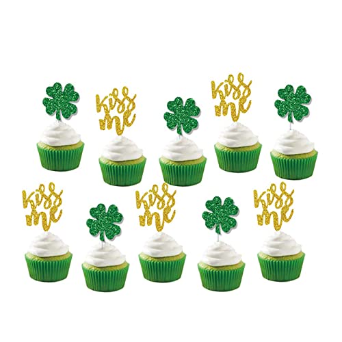 48Pcs St Patrick's Day Glittered Cupcake Toppers Shamrock Four-Leaf Lucky Kiss Me Cupcake Decorations For St Patrick's Day Party Supplies #TOP2