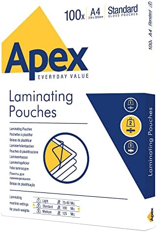 Fellowes Apex A4 Laminating Pouches, Glossy Finish, 100 Sheets - Standard - Ideal for Notices, Photos, Creatives, Certificates and Everyday Use